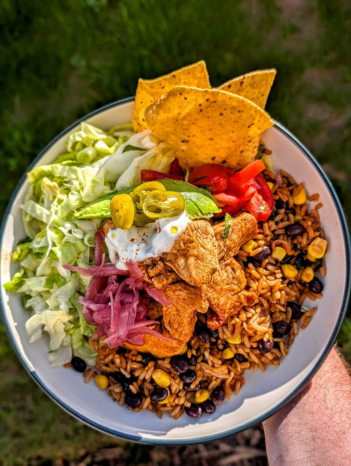 Chicken and rice bowl with avocado, salad, beans and tortilla chips